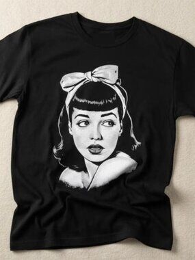 Bettie Page T Shirt Retro Pin Up Graphic Black Tee Rockabilly Goth Shirt Vintage